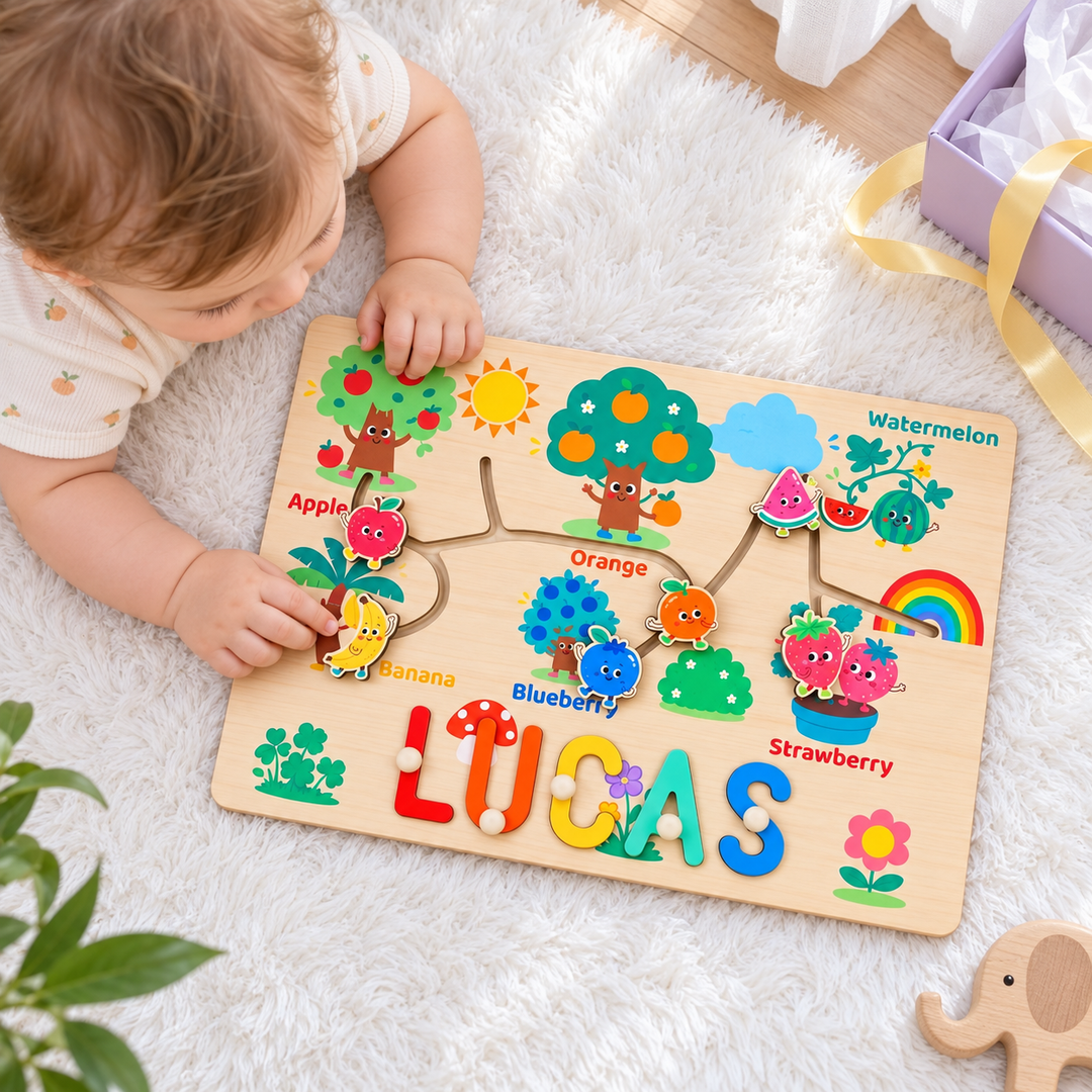 Personalized Montessori Fruit Sliding Name Puzzle Woodemon