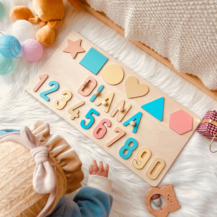 Personalized Numbers And Shapes Wooden Name Puzzle - Pastel-Rainbow