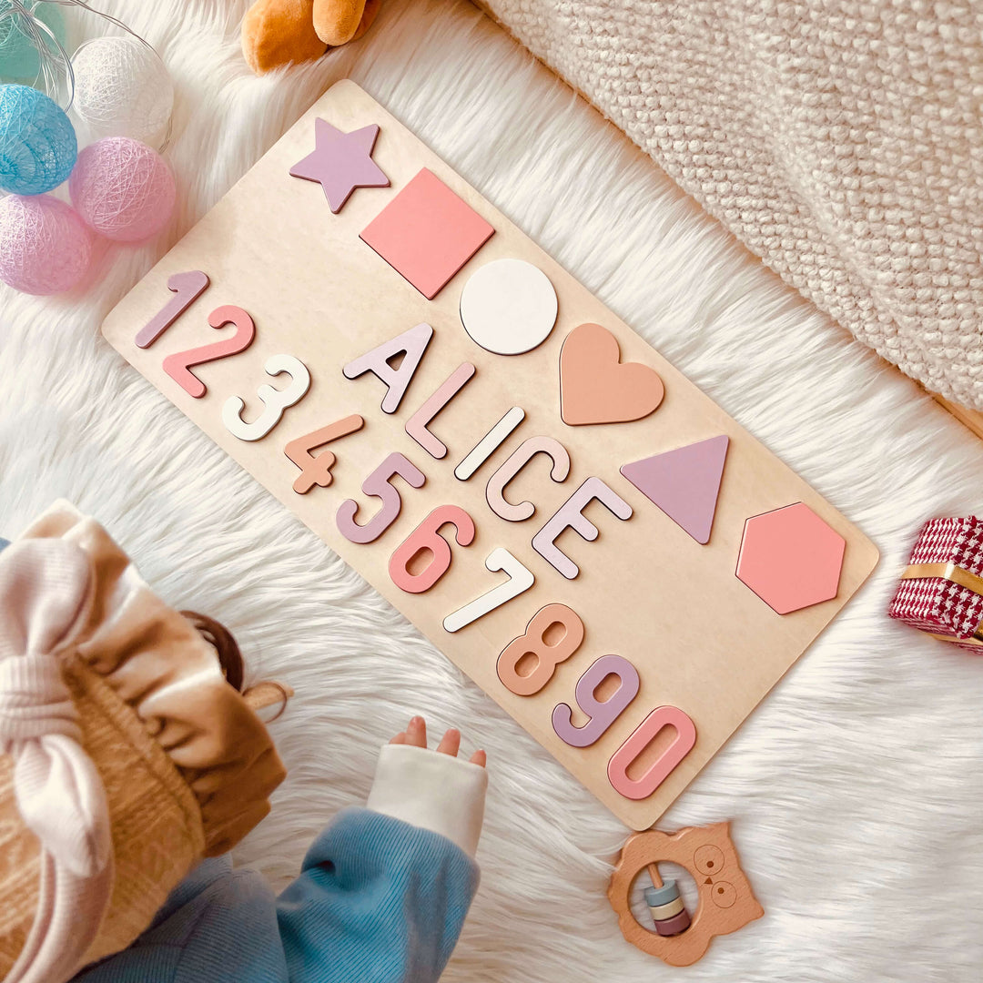 Personalized Numbers And Shapes Wooden Name Puzzle - Pastel-Girl