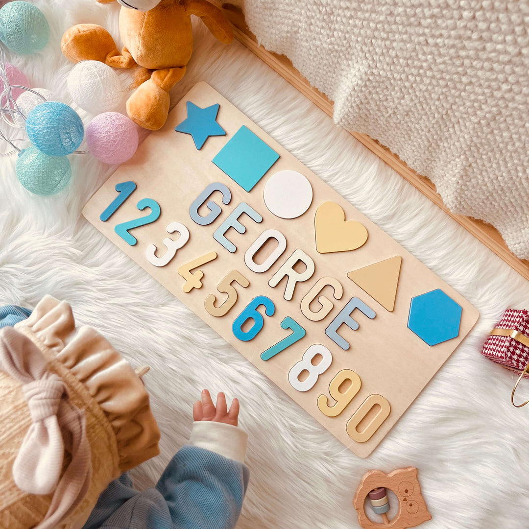 Personalized Numbers And Shapes Wooden Name Puzzle, Pastel-Boy