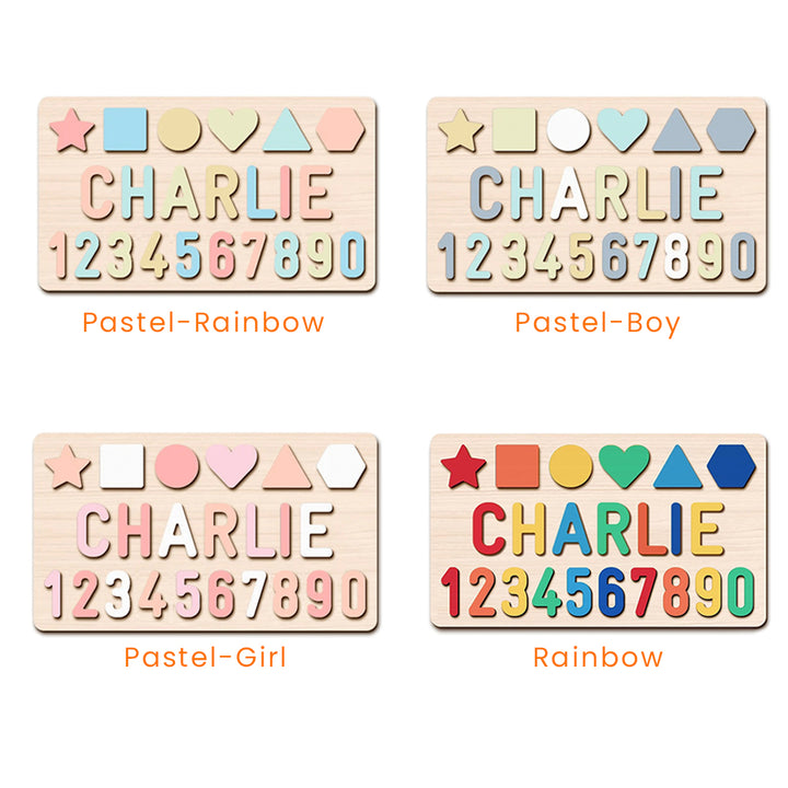 Personalized Numbers And Shapes Wooden Name Puzzle - Color Options