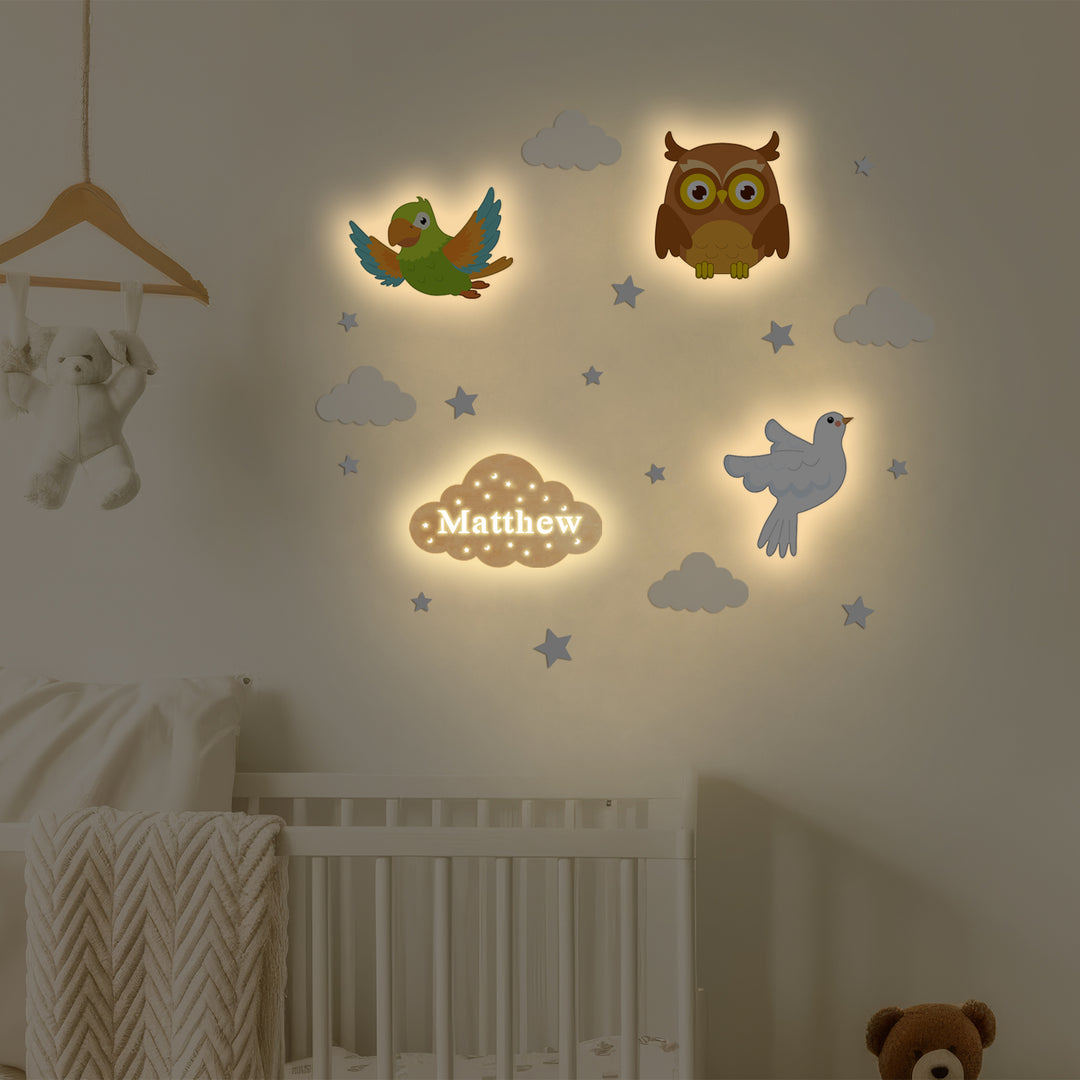 Personalized Wooden Baby's Room Wall Light Set-Sky Animal Theme