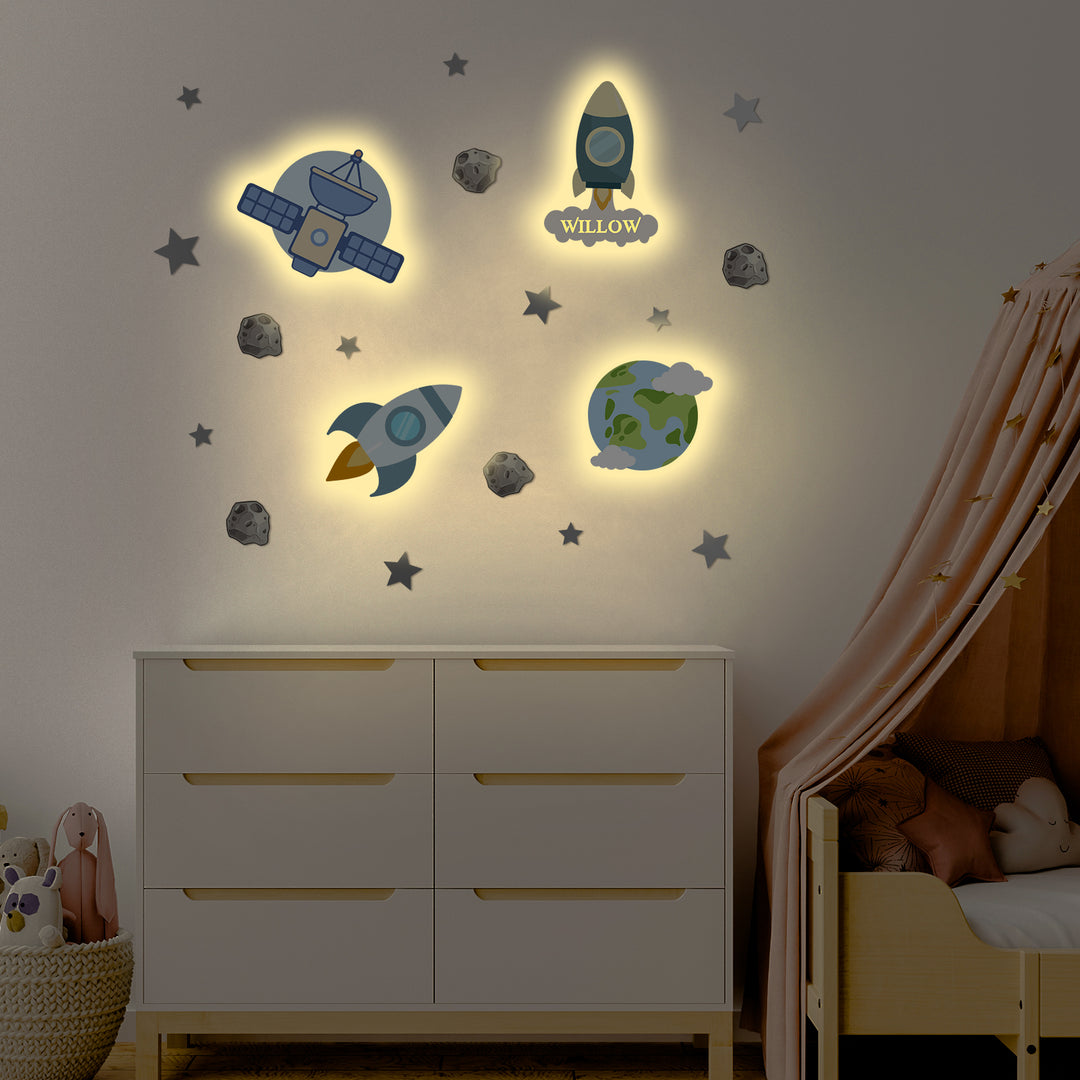 Personalized Wooden Baby's Room Wall Light Set-Space Model