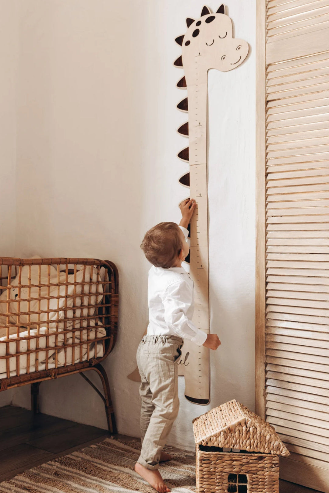 Little boy is using a dinosaur growth chart height ruler