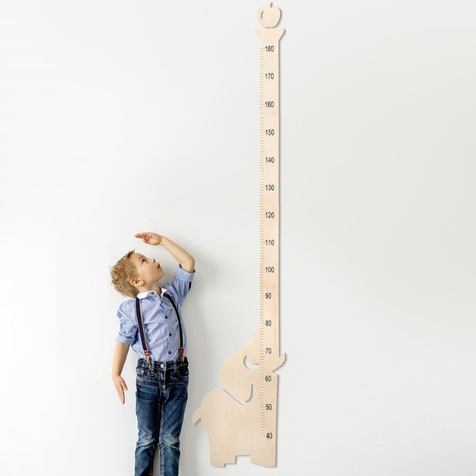 Personalized Wooden Elephant Growth Height Chart Ruler and a Kid