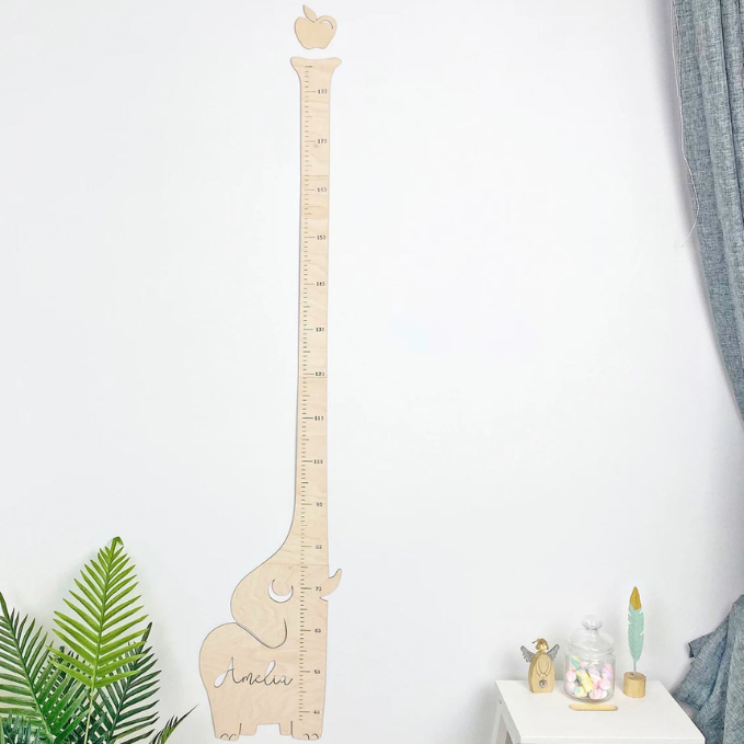 Personalized Wooden Elephant Growth Height Chart Ruler on the Wall