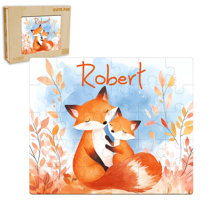 Personalized Wooden Baby Name Jigsaw Puzzle - Fox Family