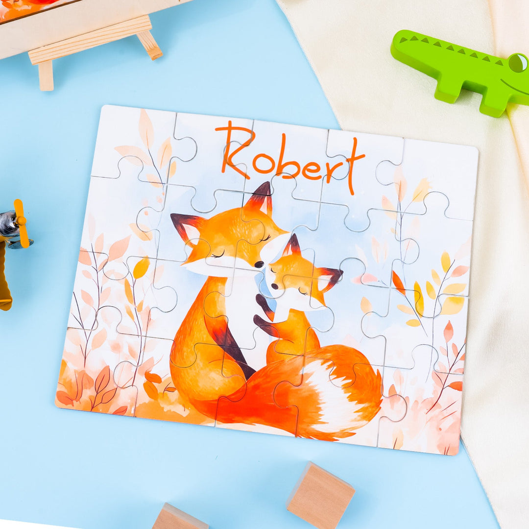 Personalized Wooden Baby Name Jigsaw Puzzle - Fox Family