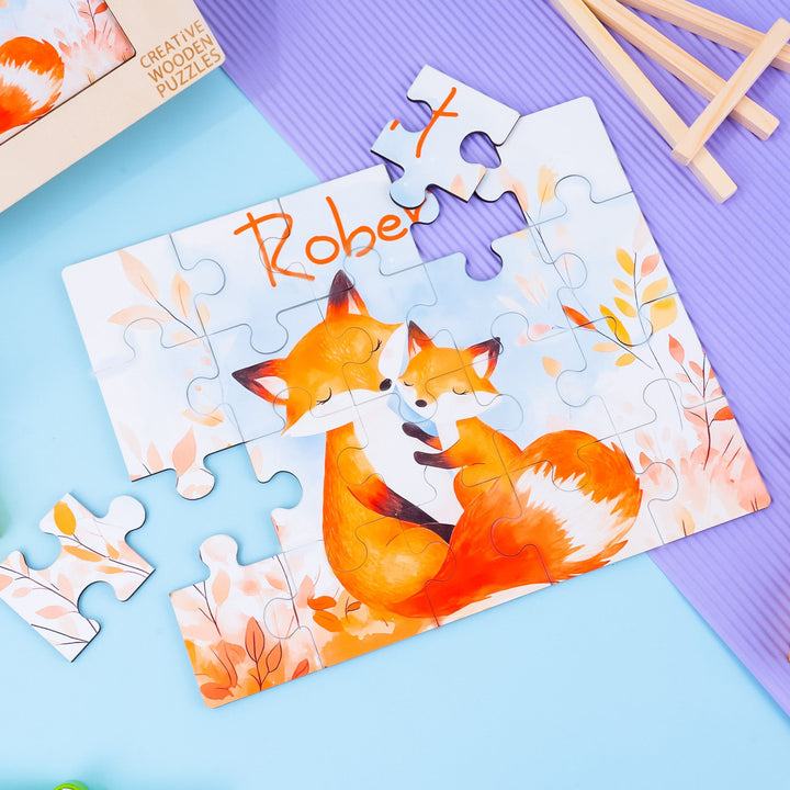 Personalized Wooden Baby Name Puzzle - Fox Family