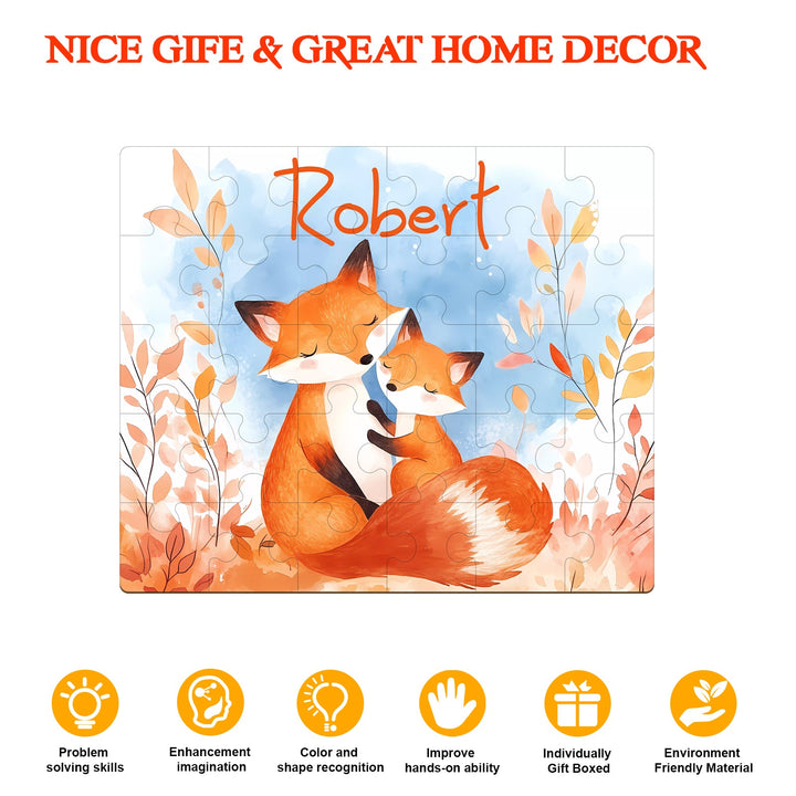 Personalized Wooden Baby Name Puzzle - Fox Family