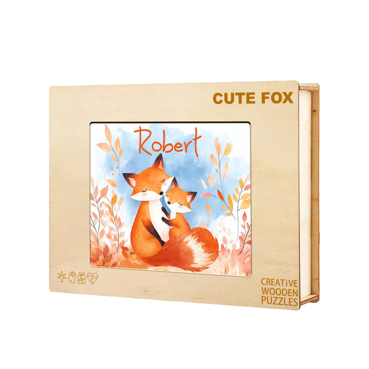 Personalized Wooden Baby Name Jigsaw Puzzle - Fox Family