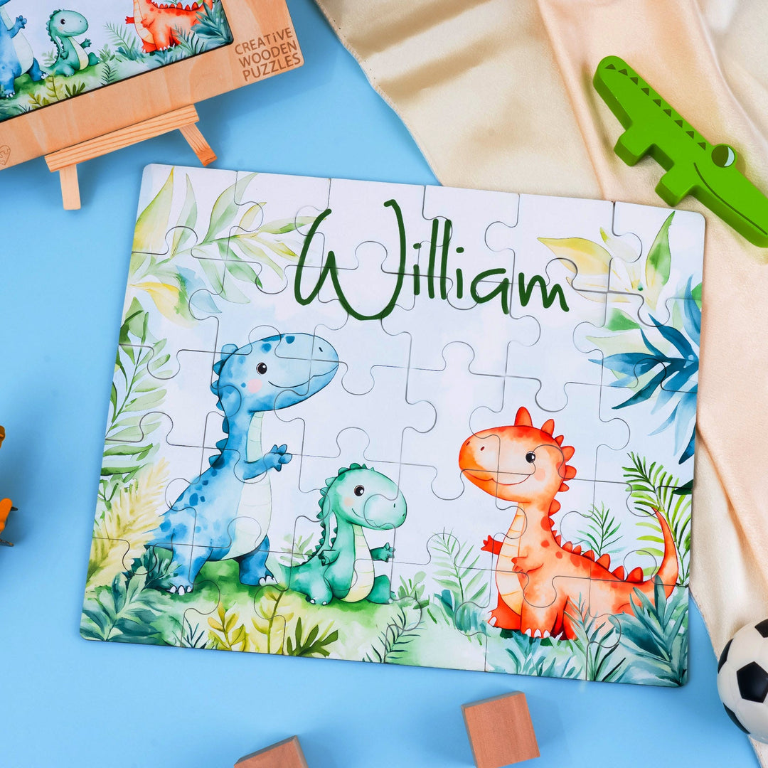 Personalized Wooden Baby Name Jigsaw Puzzle - Dinosaur Family