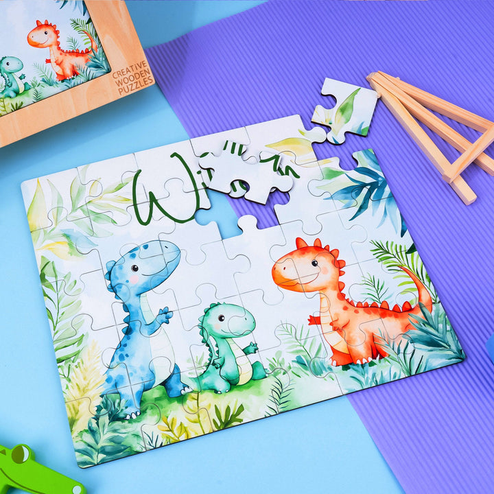 Personalized Wooden Baby Name Jigsaw Puzzle - Dinosaur Family