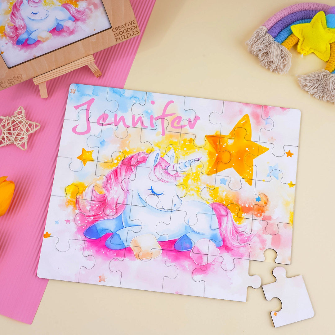 Personalized Wooden Baby Name Jigsaw Puzzle - Sleeping Unicorn