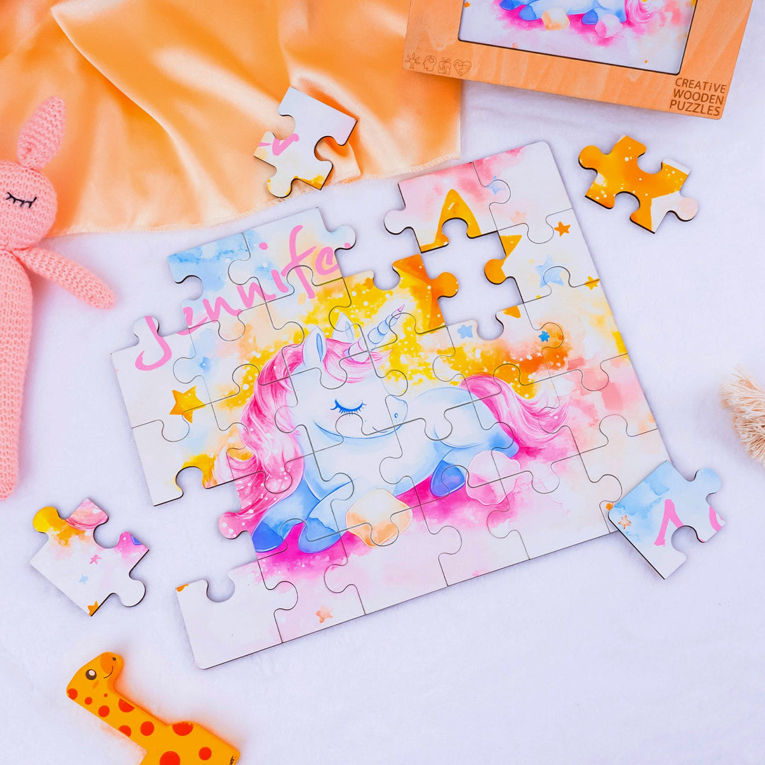 Personalized Wooden Baby Name Puzzle - Sleeping Unicorn