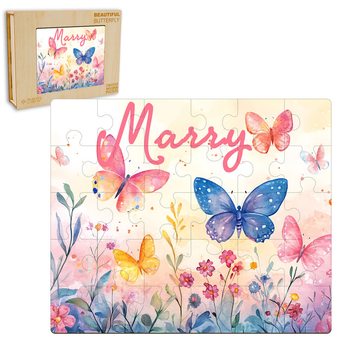 Personalized Wooden Baby Name Jigsaw Puzzle - Butterfly in the flowers