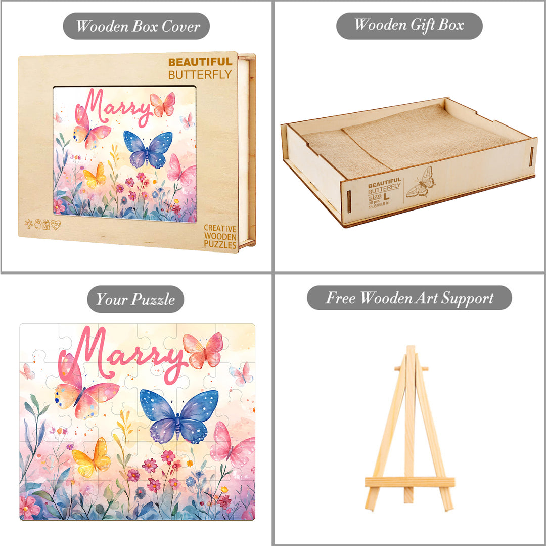 Personalized Wooden Baby Name Jigsaw Puzzle - Butterfly in the flowers