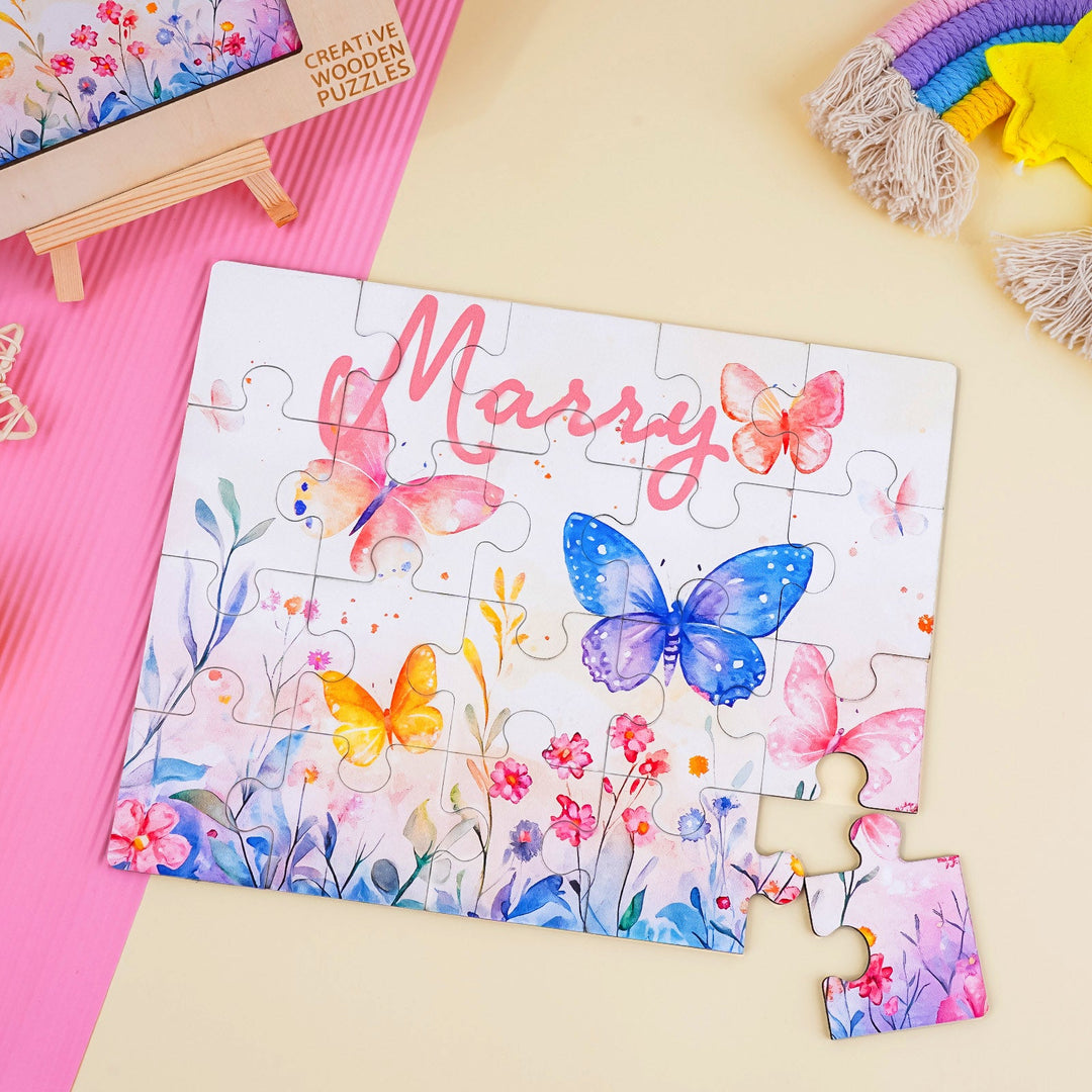 Personalized Wooden Baby Name Jigsaw Puzzle - Butterfly in the flowers