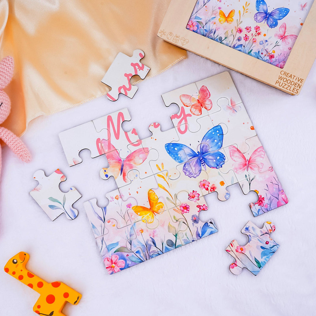 Personalized Wooden Baby Name Jigsaw Puzzle - Butterfly in the flowers