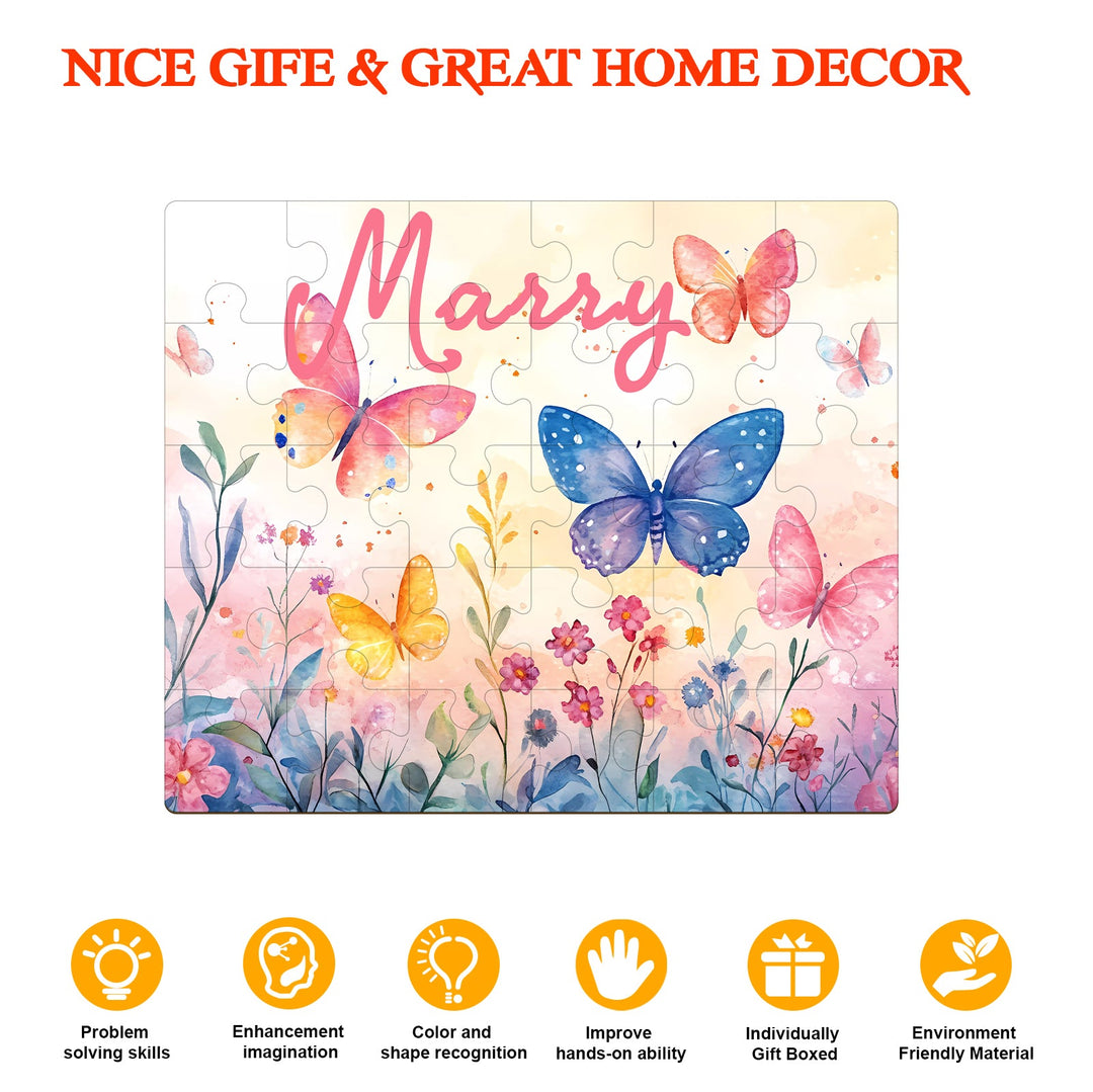 Personalized Wooden Baby Name Jigsaw Puzzle - Butterfly in the flowers