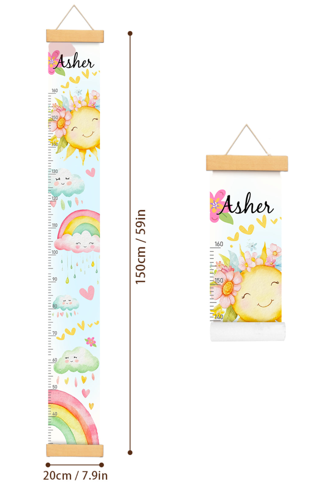 Personalized Sunshine and Rainbow Hanging Canvas Height Ruler