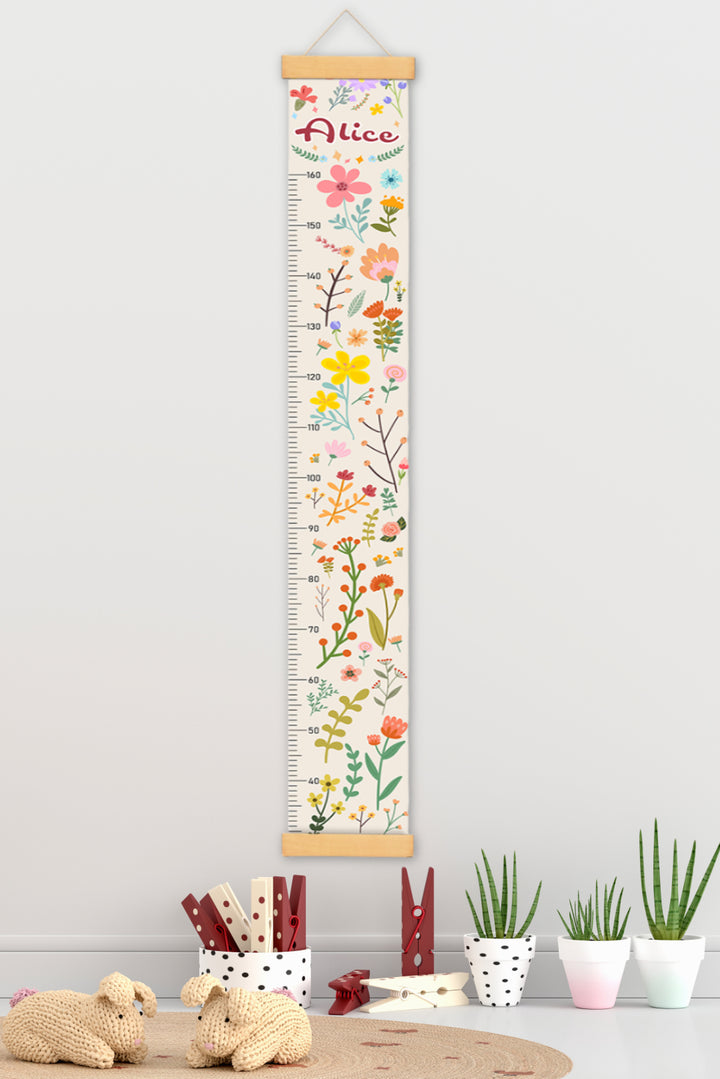 Personalized Blooming Flowers Hanging Canvas Height Ruler