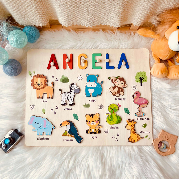 Personalized Wooden Name Puzzle - Safari Animal Learning Toy for Toddlers