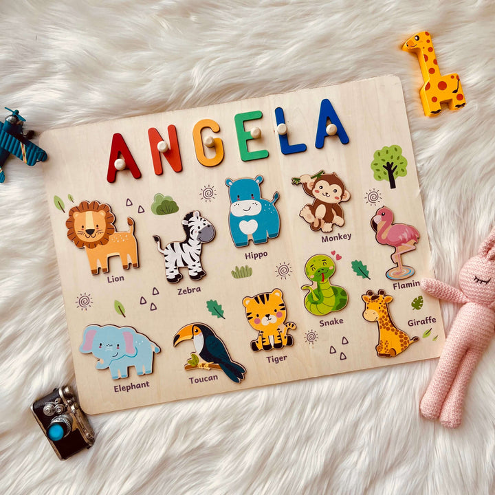 Personalized Wooden Name Puzzle - Safari Animal Learning Toy for Toddlers