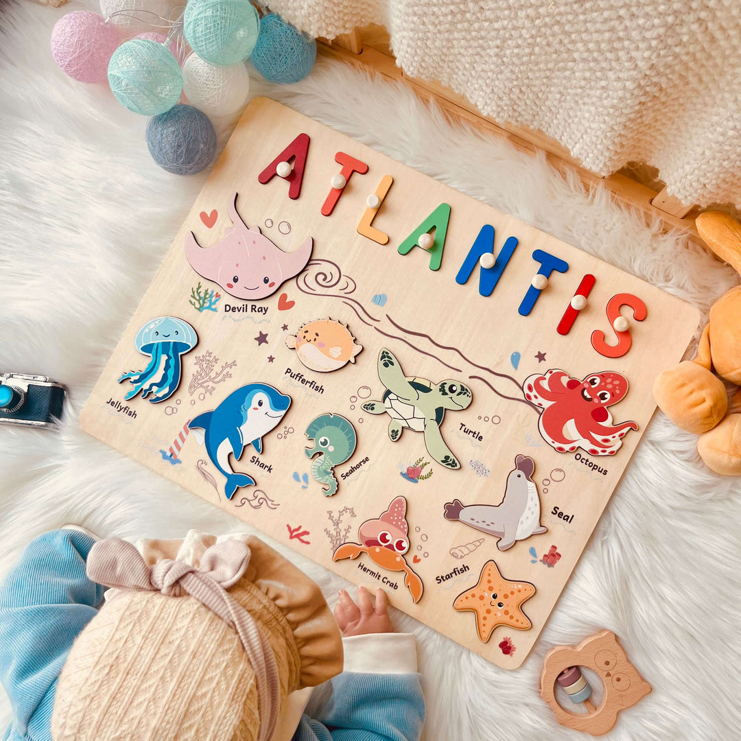 Personalized Wooden Name Puzzle - Ocean Animal Toy for Toddlers