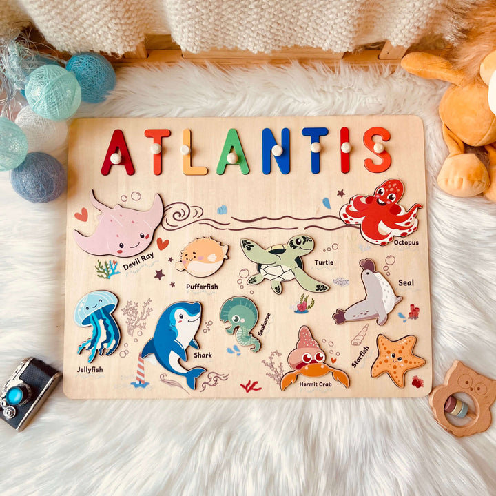 Personalized Wooden Name Puzzle - Ocean Animal Toy for Toddlers