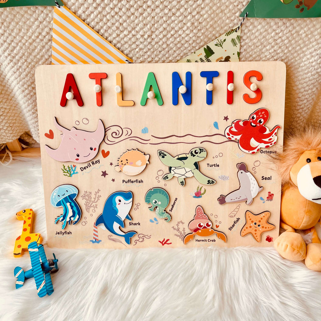 Personalized Wooden Name Puzzle - Ocean Animal Toy for Toddlers