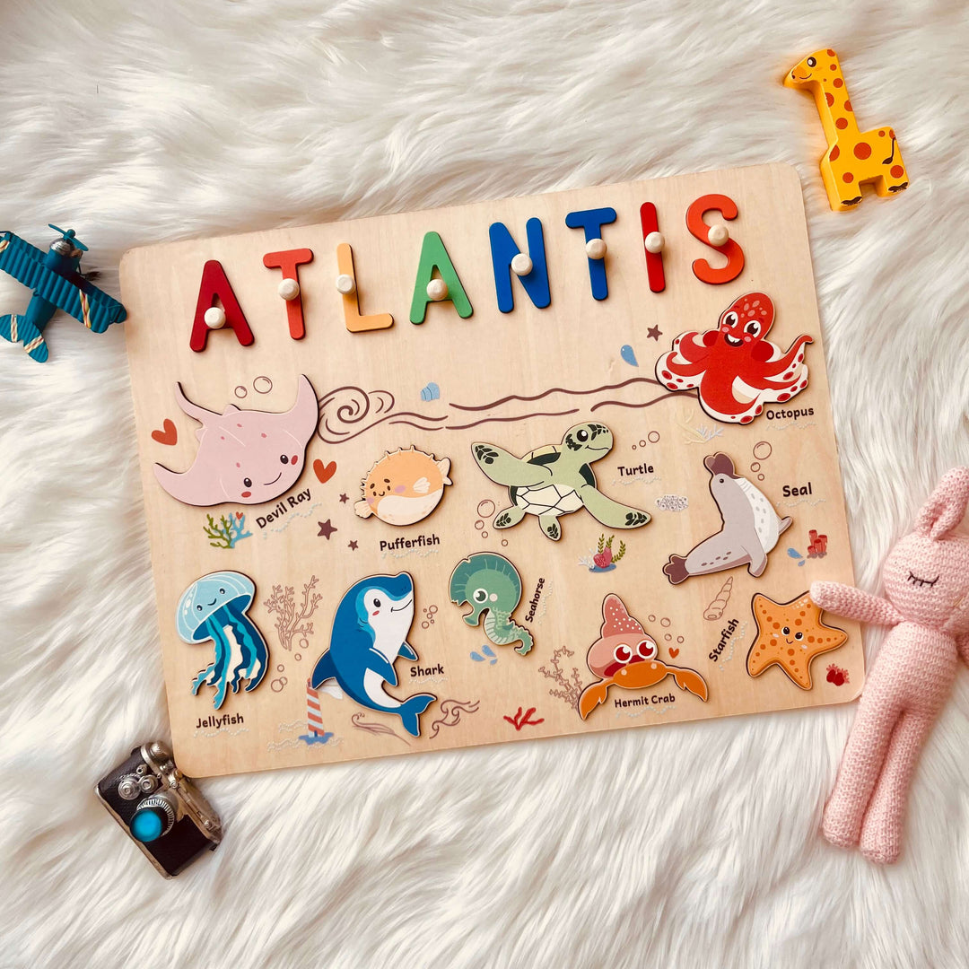 Personalized Wooden Name Puzzle - Ocean Animal Toy for Toddlers