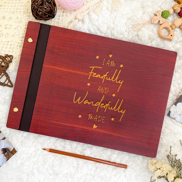 Wooden Baby Photo Album – Faith-Inspired Keepsake with Engraved Quote