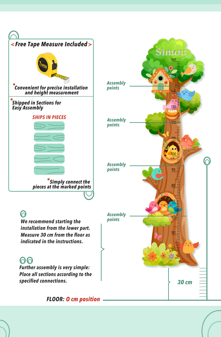 Personalized Wooden Birds and Flowers Treehouse Growth Chart