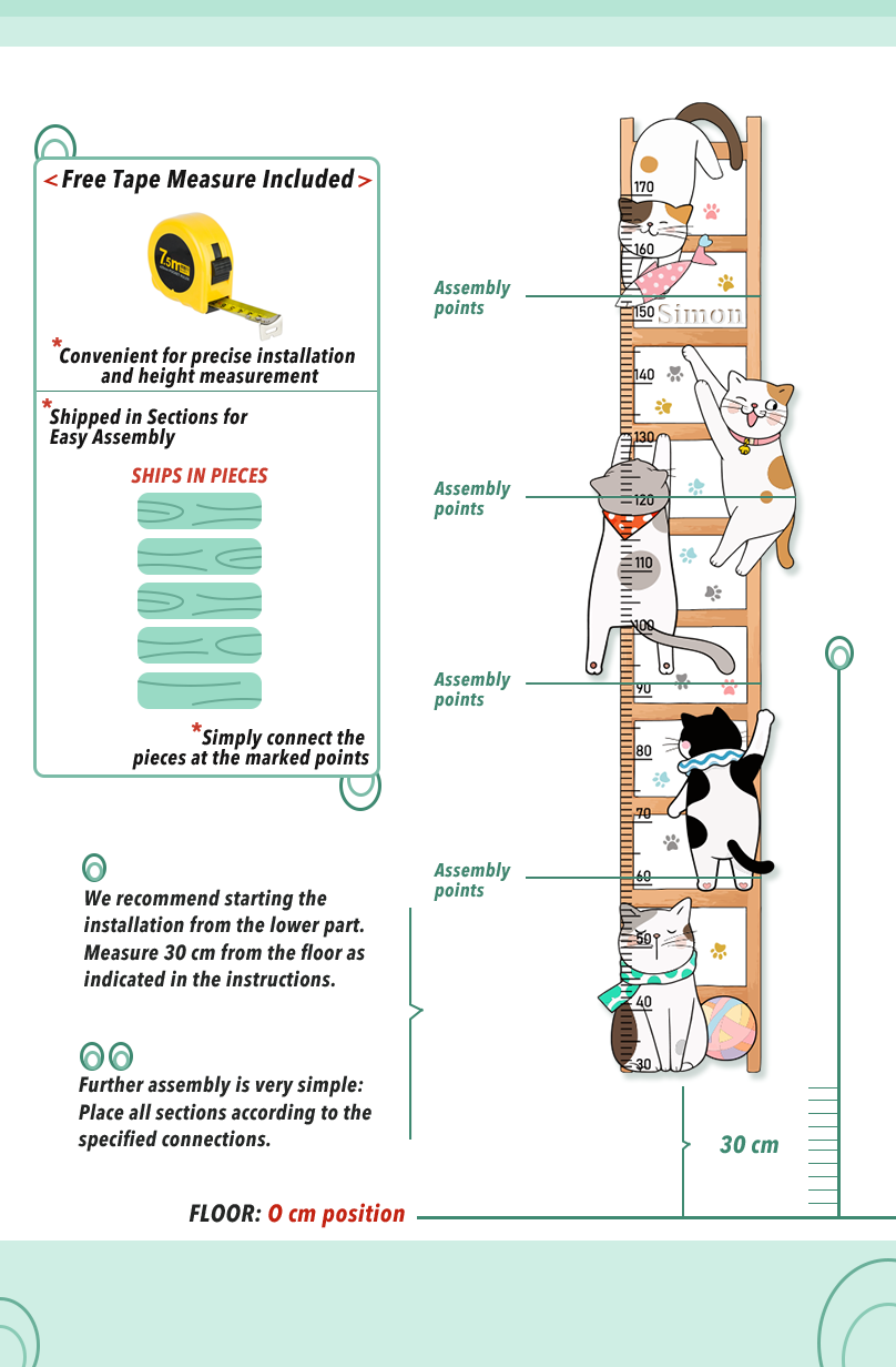 Personalized Wooden Whimsical Cat Themed Growth Chart