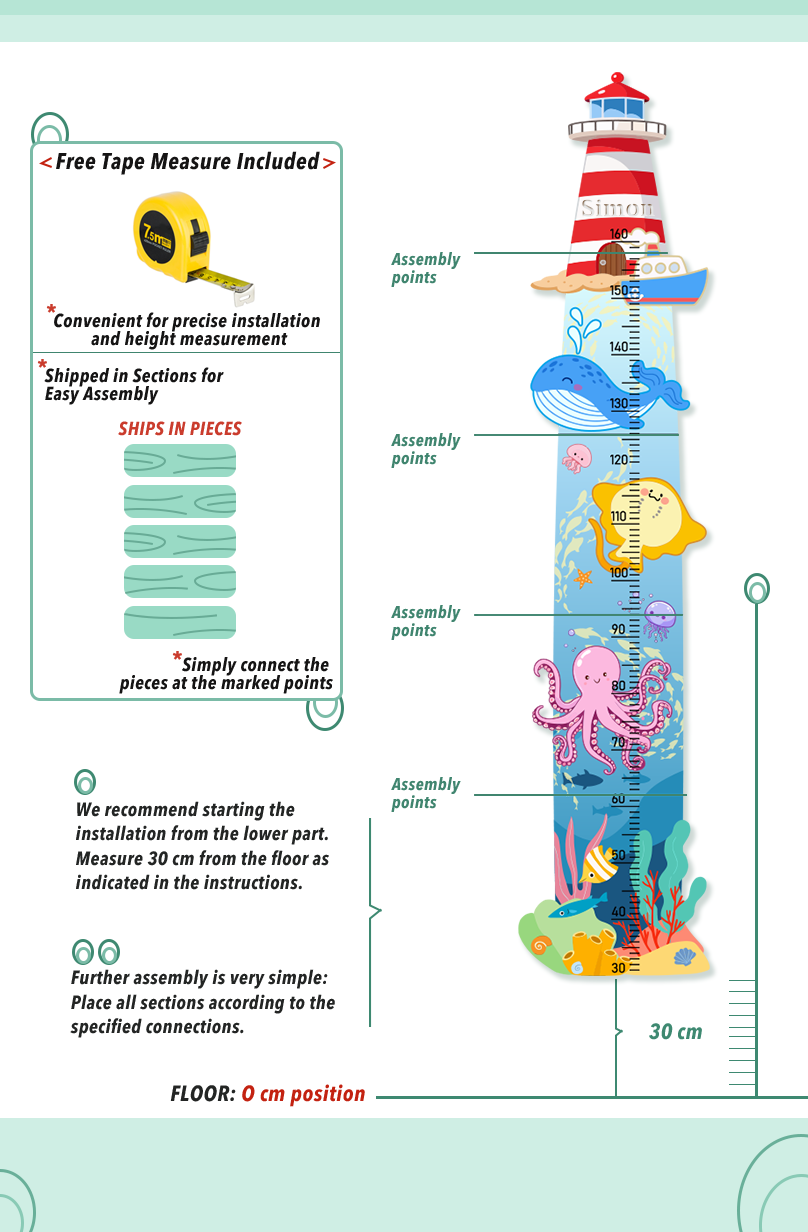 Personalized Wooden Nautical Sea Life Theme Growth Chart