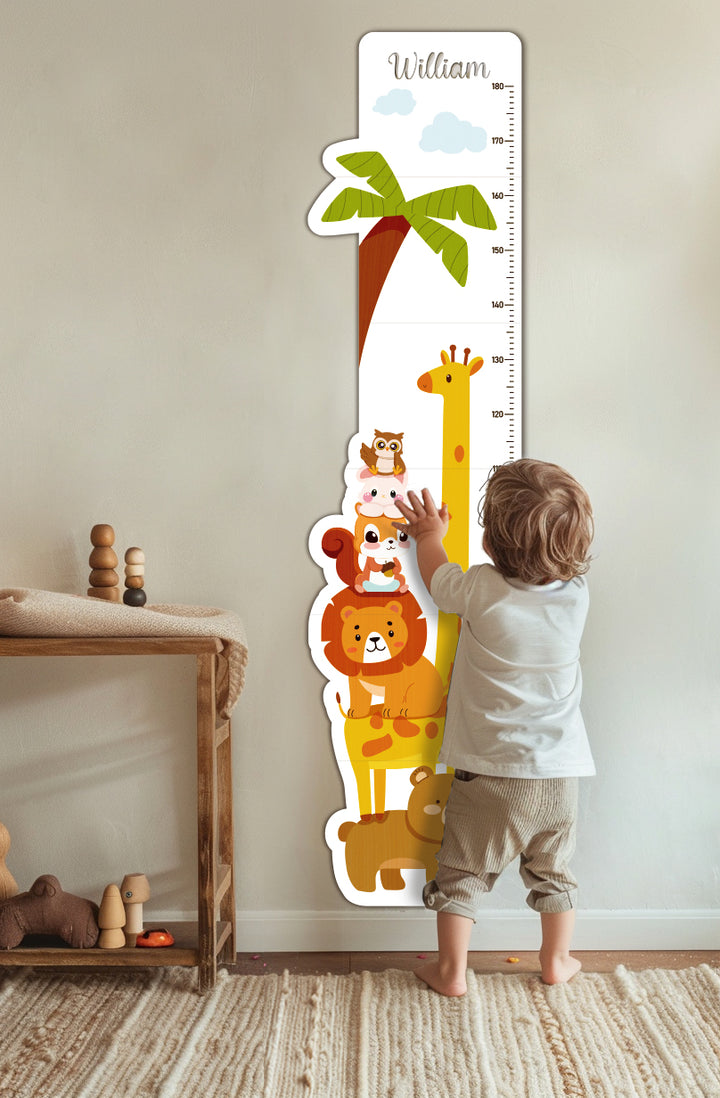 Personalized Wooden Cute Animals Growth Chart Ruler and a kid (2)