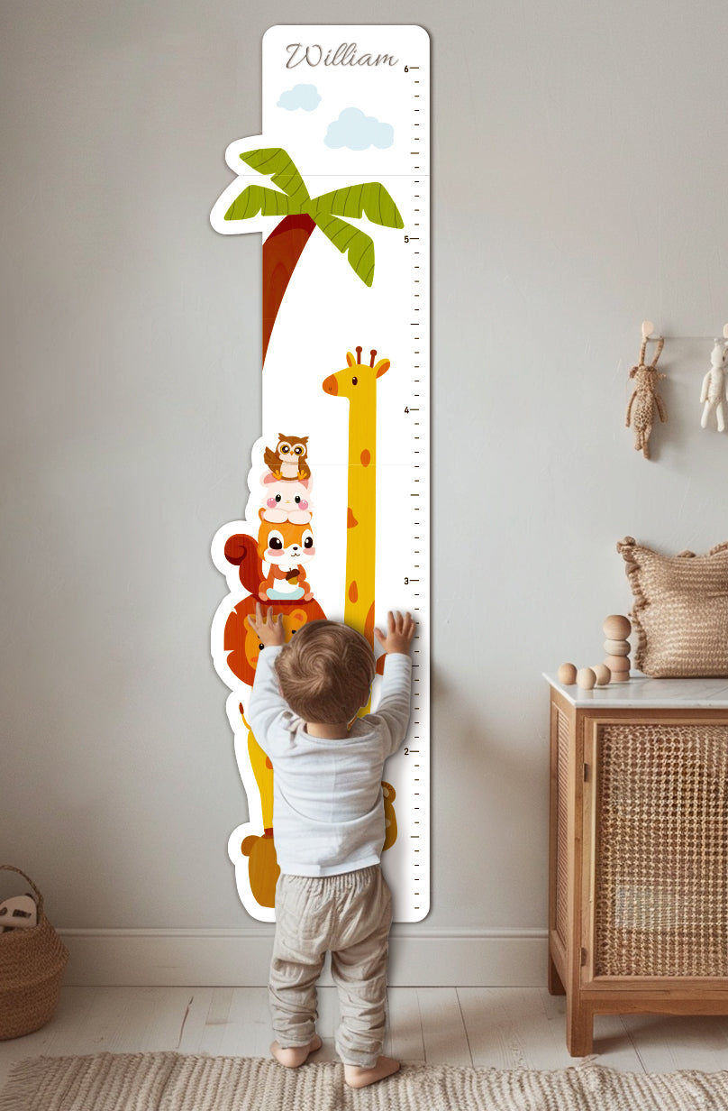 Personalized Wooden Cute Animals Growth Chart Ruler and a kid