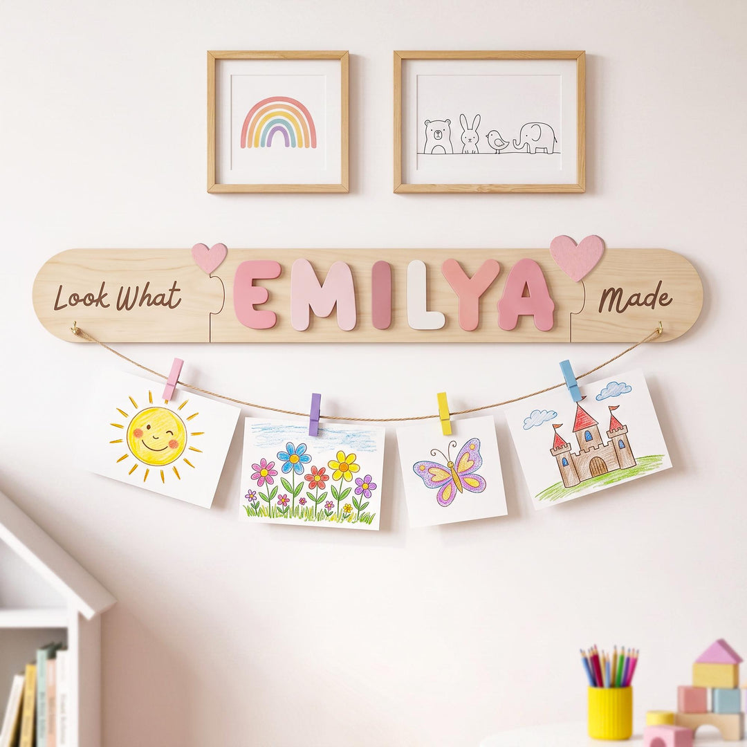Personalized Kids Artwork Display Board with Wooden Name -Custom Kids Room Wall Decor Woodemon