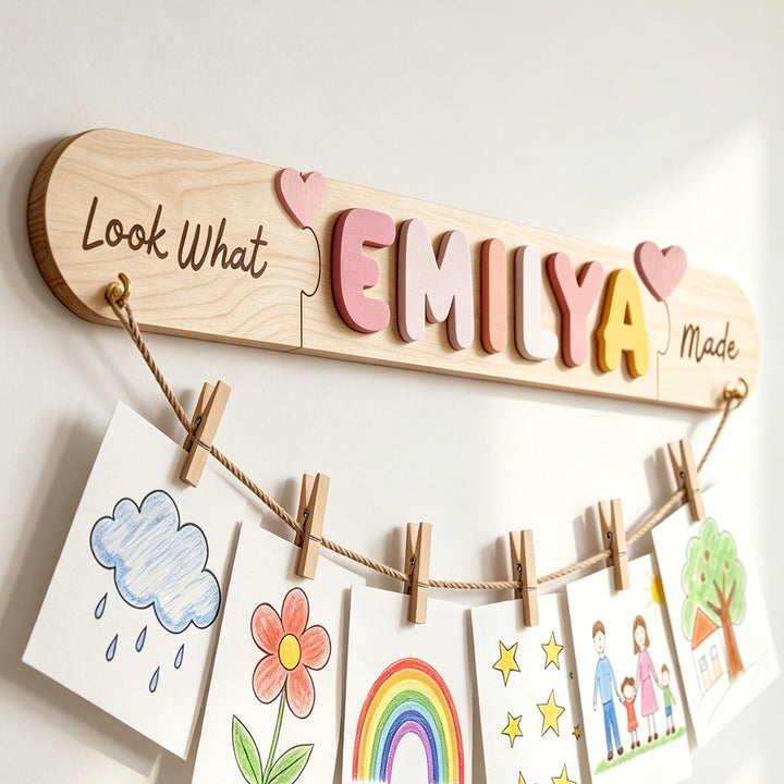 Personalized Kids Artwork Display Board with Wooden Name -Custom Kids Room Wall Decor Woodemon