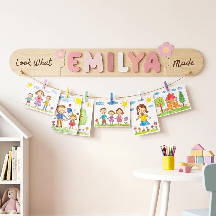 Personalized Kids Artwork Display Board with Wooden Name -Custom Kids Room Wall Decor Woodemon
