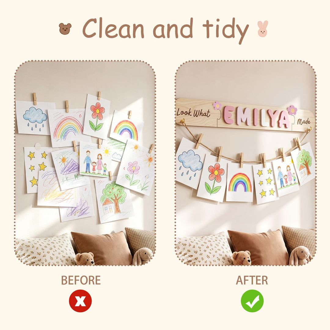 Personalized Kids Artwork Display Board with Wooden Name -Custom Kids Room Wall Decor Woodemon