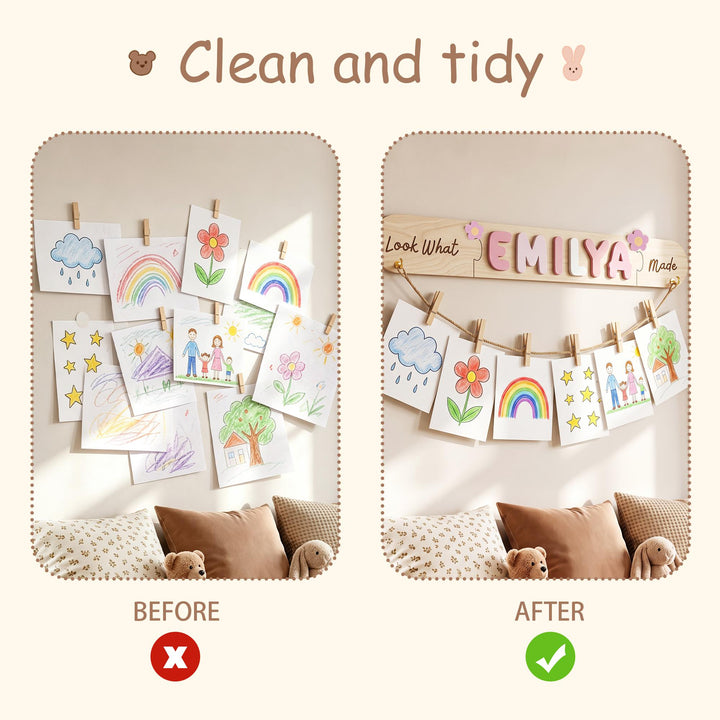 Personalized Kids Artwork Display Board with Wooden Name -Custom Kids Room Wall Decor Woodemon