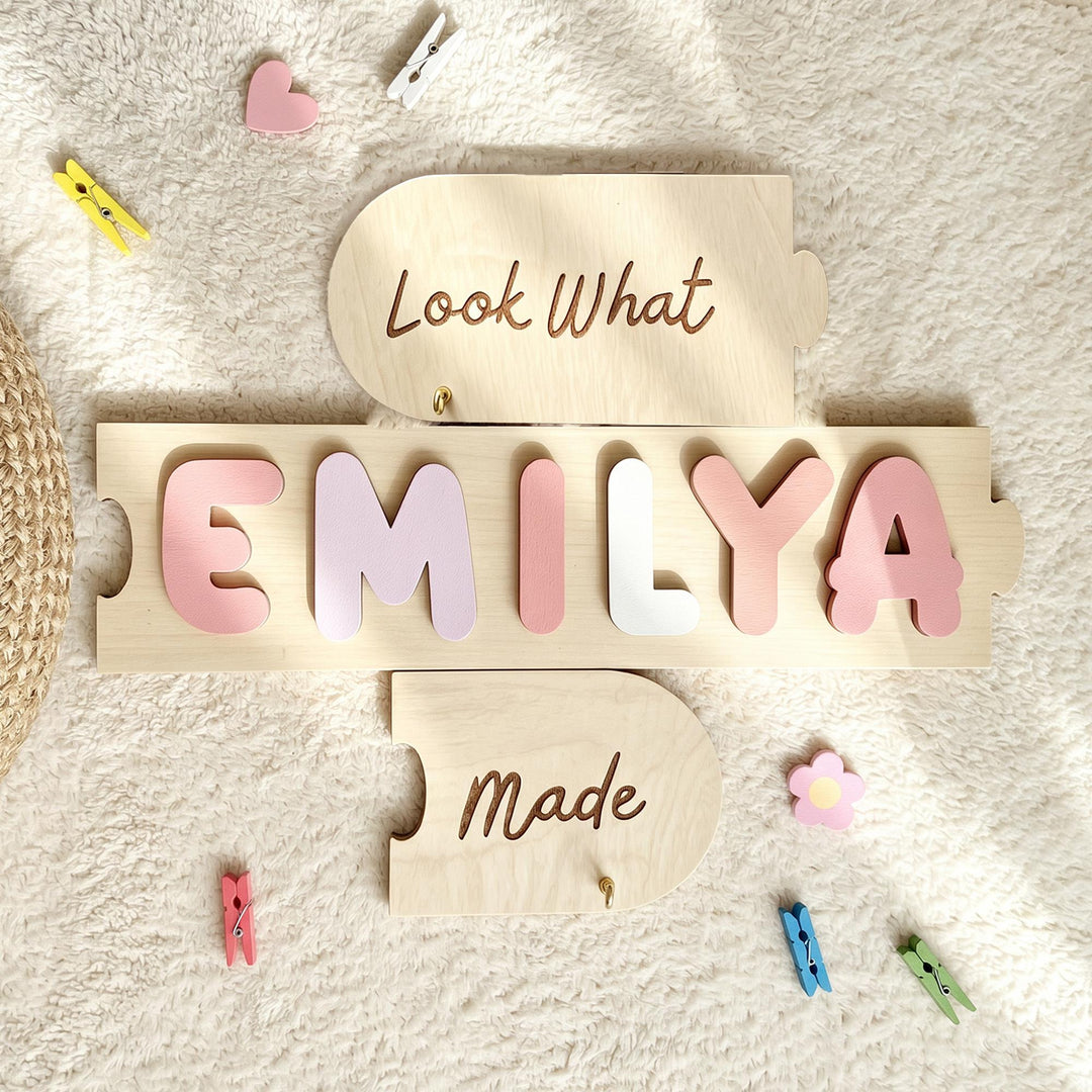 Personalized Kids Artwork Display Board with Wooden Name -Custom Kids Room Wall Decor Woodemon