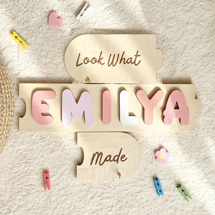 Personalized Kids Artwork Display Board with Wooden Name -Custom Kids Room Wall Decor Woodemon