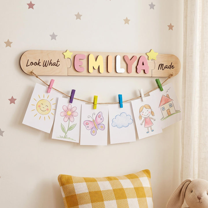 Personalized Kids Artwork Display Board with Wooden Name -Custom Kids Room Wall Decor Woodemon