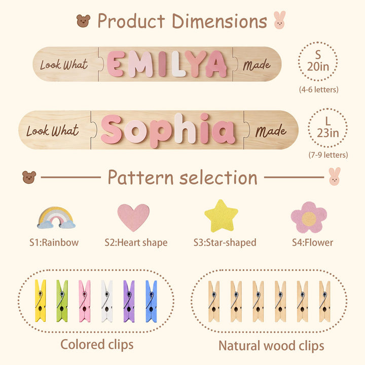 Personalized Kids Artwork Display Board with Wooden Name -Custom Kids Room Wall Decor Woodemon