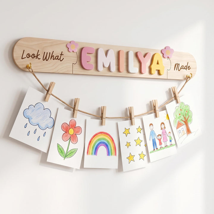 Personalized Kids Artwork Display Board with Wooden Name -Custom Kids Room Wall Decor Woodemon