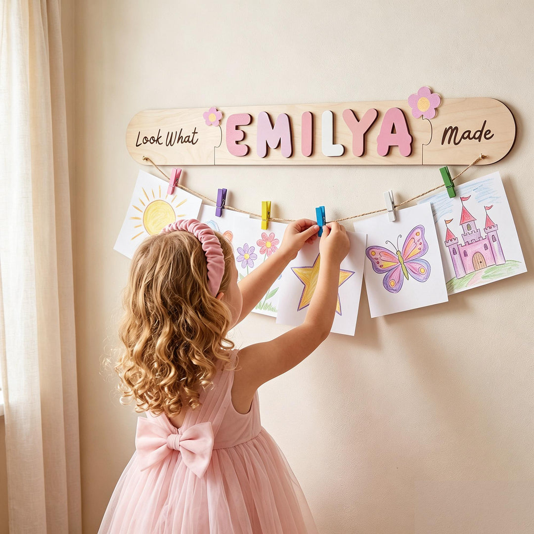 Personalized Kids Artwork Display Board with Wooden Name -Custom Kids Room Wall Decor Woodemon