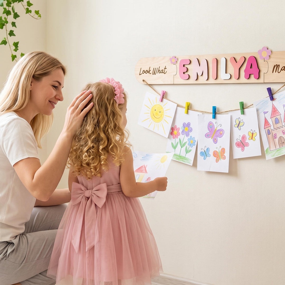 Personalized Kids Artwork Display Board with Wooden Name -Custom Kids Room Wall Decor Woodemon